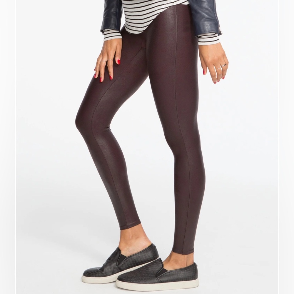 SPANX Oxblood Burgundy Metallic Sheen Faux Leather Compression Leggings small - Picture 2 of 7